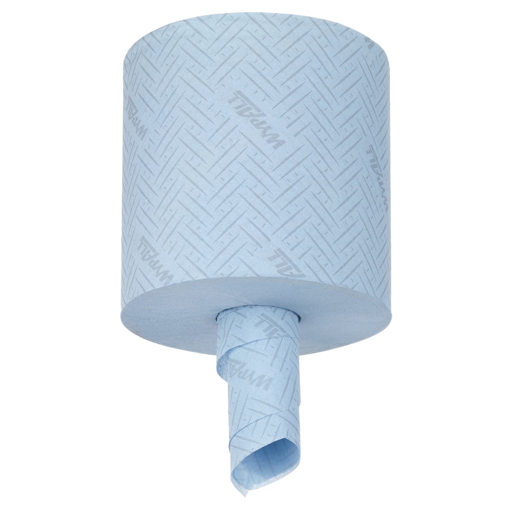Un șervețel mare albastru WypAll® L10 de la Kimberly-Clark GmbH stă în picioare, perforat și parțial derulat din mijloc. Această rolă de curățare Centerfeed este concepută pentru utilizarea în domeniul alimentar și igienic, cu 6 role x 630 de foi pe cutie.