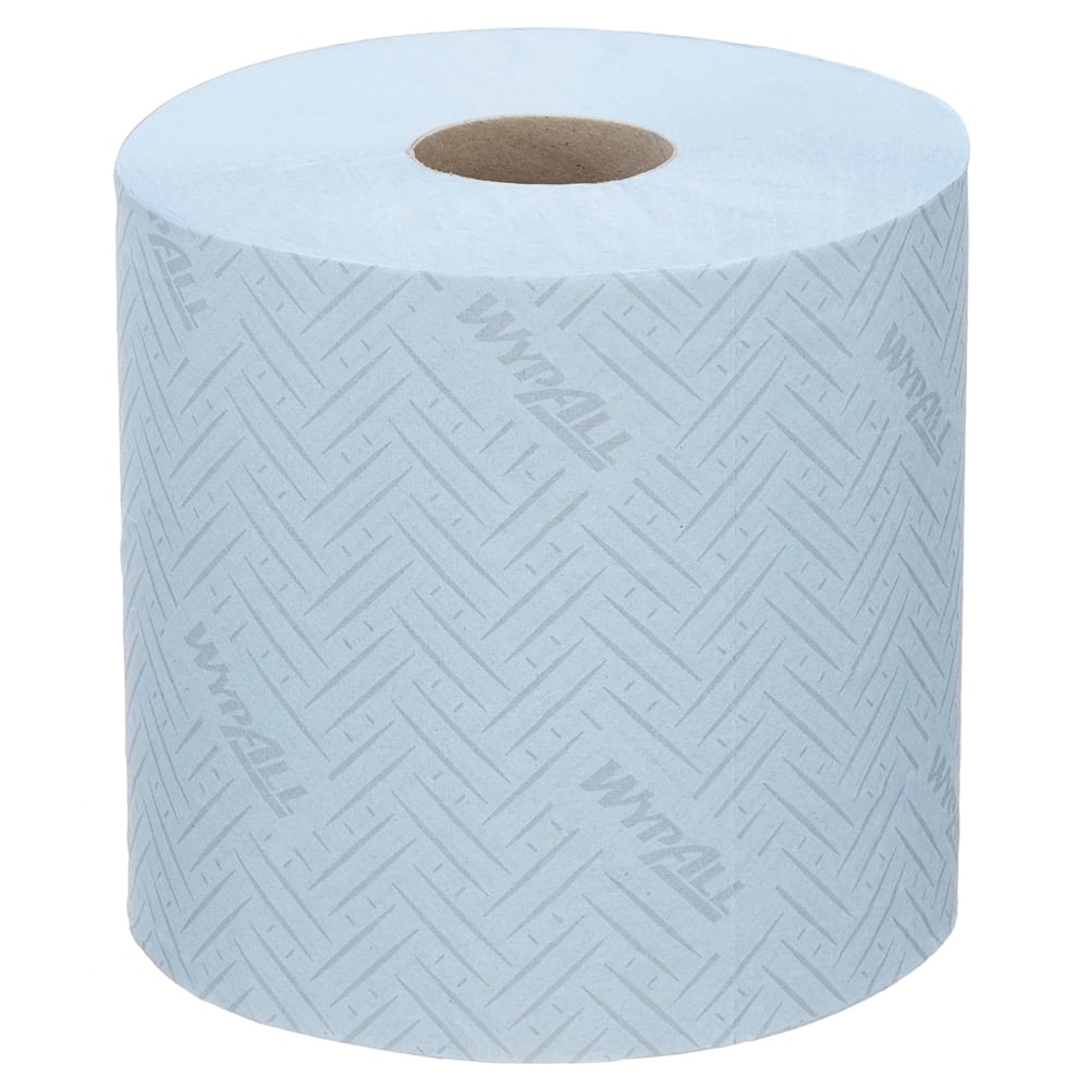 Un pachet cu 6 role albastre de șervețele de hârtie WypAll® L10 Centrifugal (fiecare cu 630 de foi) de la Kimberly-Clark GmbH, cu un model Chevron și un miez de carton maro - ideal pentru domeniul alimentar și igienic.