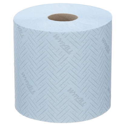 Un pachet cu 6 role albastre de șervețele de hârtie WypAll® L10 Centrifugal (fiecare cu 630 de foi) de la Kimberly-Clark GmbH, cu un model Chevron și un miez de carton maro - ideal pentru domeniul alimentar și igienic.