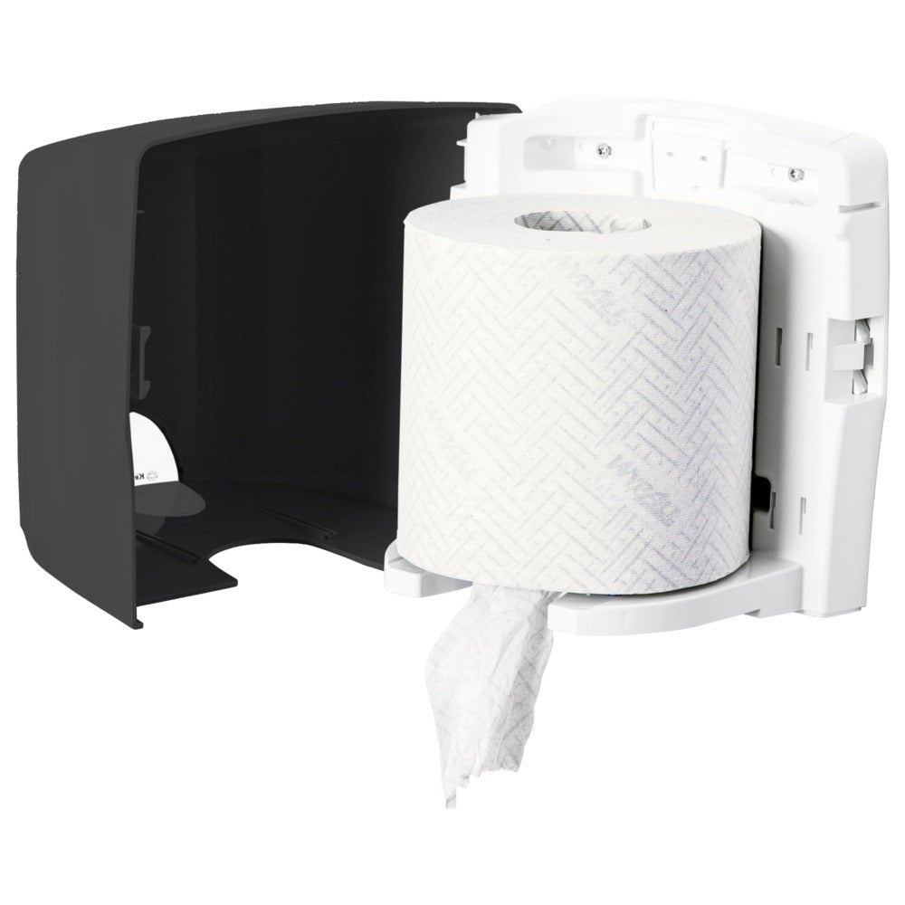 Distribuitorul de prosoape Kimberly-Clark GmbH Aquarius™ - Roll Control în gri este un distribuitor montat pe perete cu capac negru deschis, echipat cu sistemul Roll Control pentru o distribuire curată și precisă - ideal pentru utilizarea profesională.