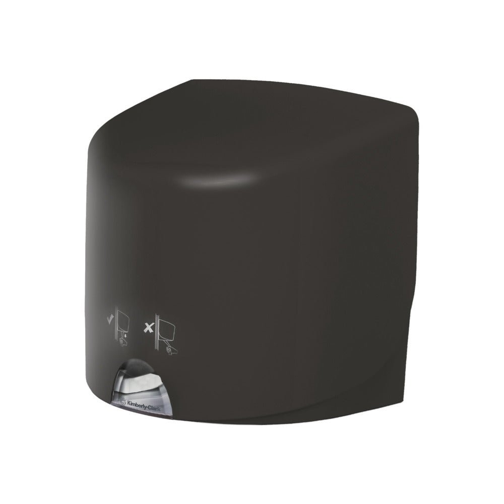 Un distribuitor de prosoape Aquarius™ gri - Roll Control de la Kimberly-Clark GmbH este așezat pe un fundal alb, cu un mic geam cu prosop de hârtie vizibil și instrucțiuni de utilizare simple pe partea frontală, conceput pentru utilizarea profesională.