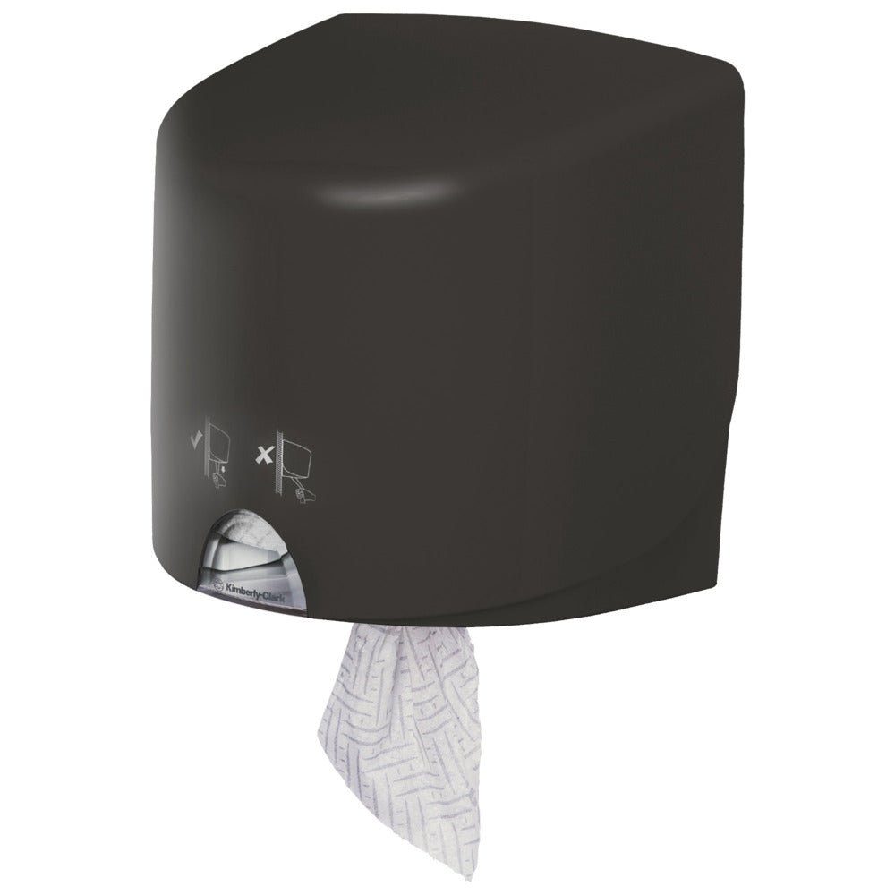 Un distribuitor de prosoape Aquarius™ gri - Roll Control de perete de la Kimberly-Clark GmbH, cu un singur prosop parțial distribuit și simboluri de instrucțiuni pe partea frontală - ideal pentru utilizarea profesională.