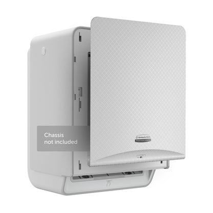 Ein weißes, rechteckiges Kimberly-Clark Professional™ Icon™ Dispenser Faceplate (33,02 x 37,47 x 3,18 cm) der Kimberly-Clark GmbH mit einer strukturierten Abdeckung und einem Logo ist teilweise geöffnet abgebildet und mit "Chassis nicht enthalten" beschriftet.