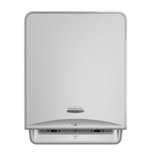 Eine silberne Mosaik, wandmontierte Kimberly-Clark Professional™ Icon™ elektronische No Touch-Losse Modul-Rolle von Kimberly-Clark GmbH mit einer gemusterten Frontplatte, zentralem Logo und einem Schlitz an der Unterseite für berührungslose Handtuchabgabe.