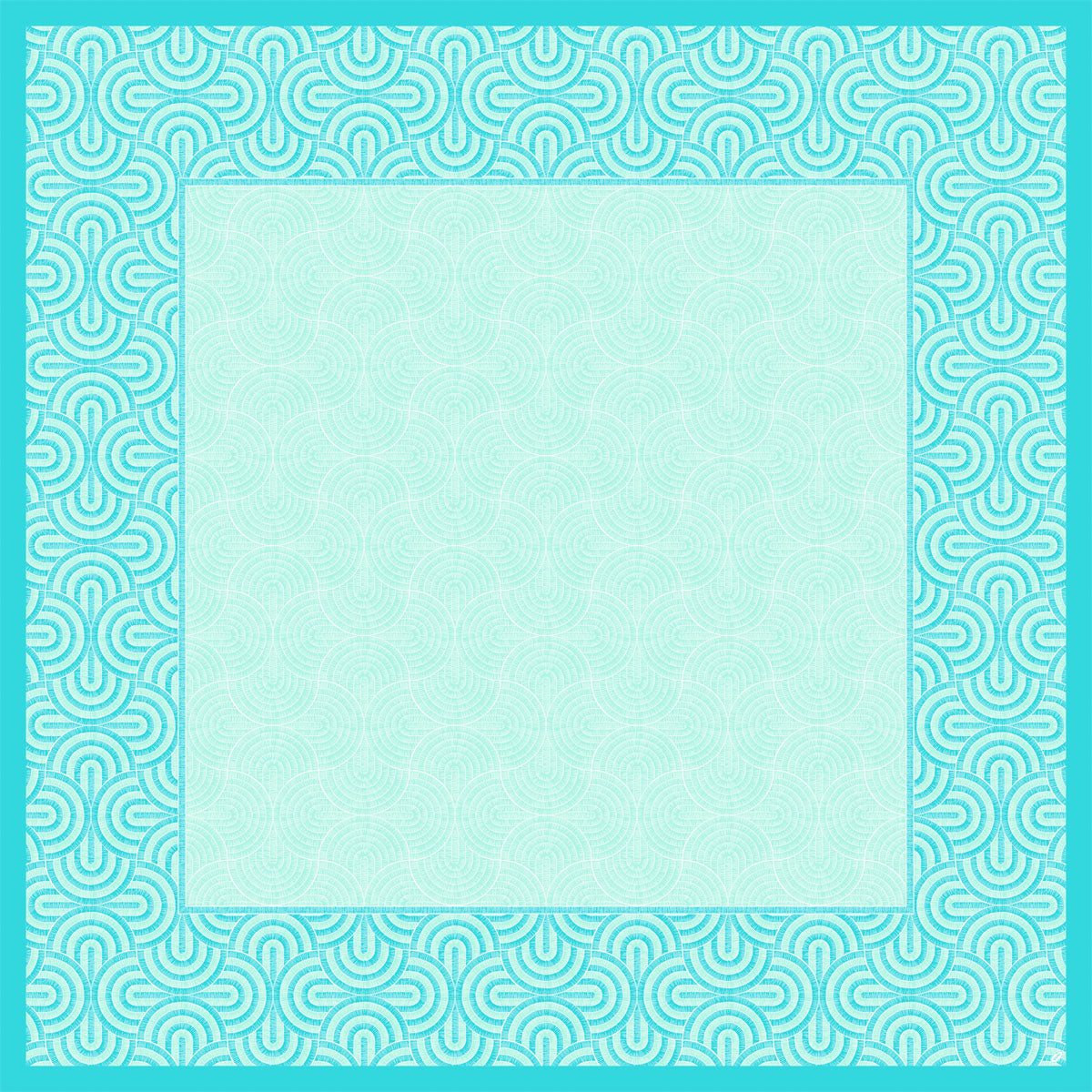Eine quadratische Dunicel-Mitteldecke (84x84cm) der Duni GmbH, Breeze mintblau: weiß/mint-gewirbelter Rand, zartes helles Cyan-Wirbelzentrum. Ideal für frühlingshafte Tischdekoration; ohne Text oder Bilder. Packung à 20 Stück.