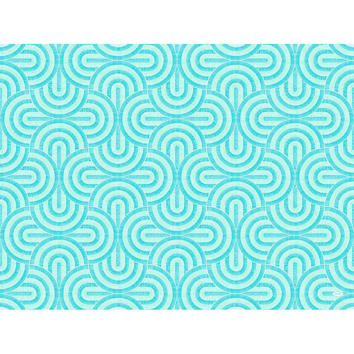 Model geometric simetric cu semicercuri turcoaz și albastre deschis care se suprapun pe alb, formând un model modern și repetitiv - perfect pentru seturile Dunicel 30x40 de la Duni GmbH.