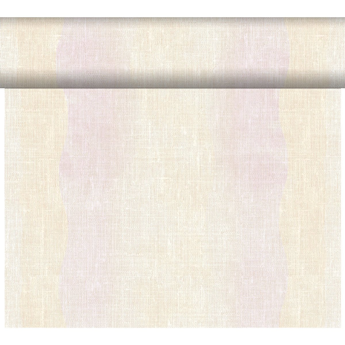 Un sul de Dunicel-Tischläufer Tête-à-Tête (24 m x 0,4 m, 20 secțiuni) de la Duni GmbH în bej deschis este parțial derulat pentru a-și arăta textura elegantă de țesătură ca decor stilat de masă în fața unui fundal alb simplu.