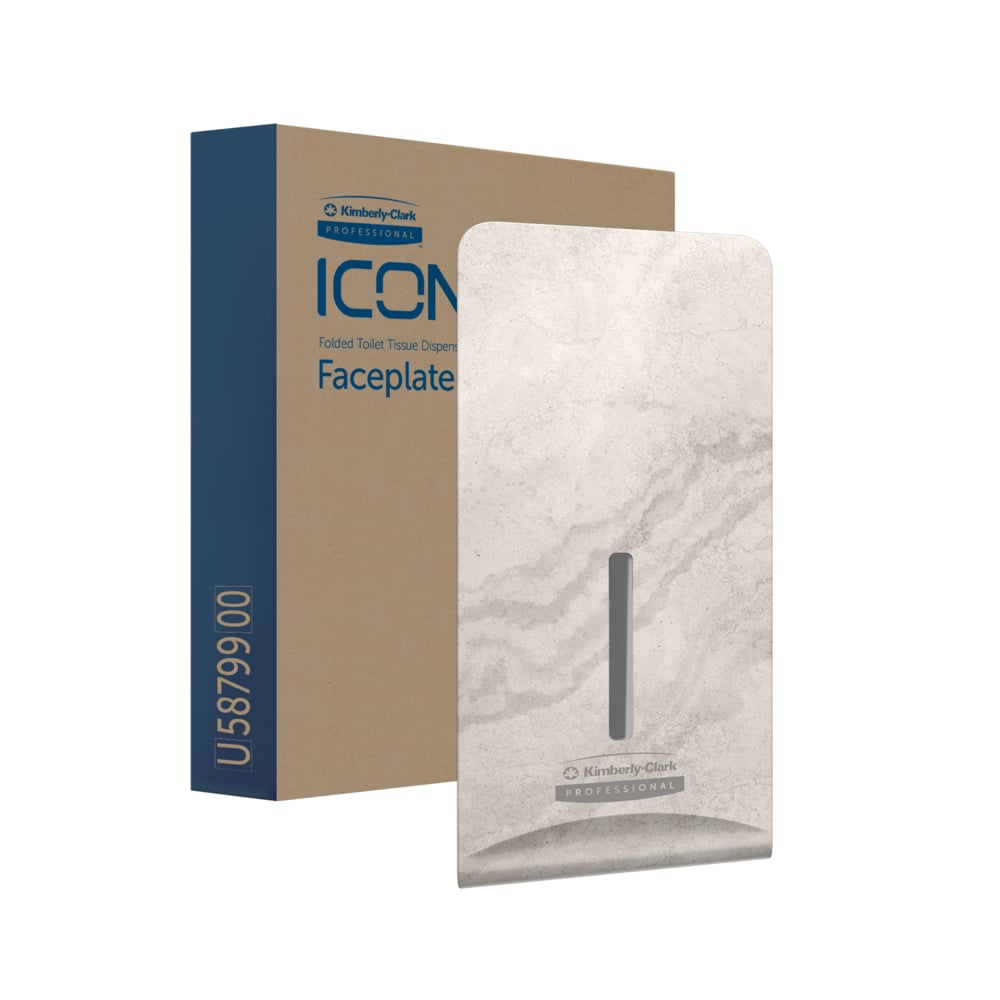 Die Kimberly-Clark Professional™ Icon™ Dispenser Faceplate - FTT (27,80 x 13,10 x 1,40 cm) der Kimberly-Clark GmbH in beigefarbenem Marmor ist mit ihrer braunen und blauen Verpackung abgebildet und passt ideal zu modernen Waschraumeinrichtungen.