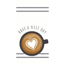 Die Duni GmbH Zellt Servietten 40x40 cm, 3-lagig, Nice Day Design zeigen einen Kaffeebecher von oben nach unten mit herzförmiger Latte Art und "HAVE A NICE DAY" auf weißem Hintergrund. Jede Packung enthält 250 Servietten.