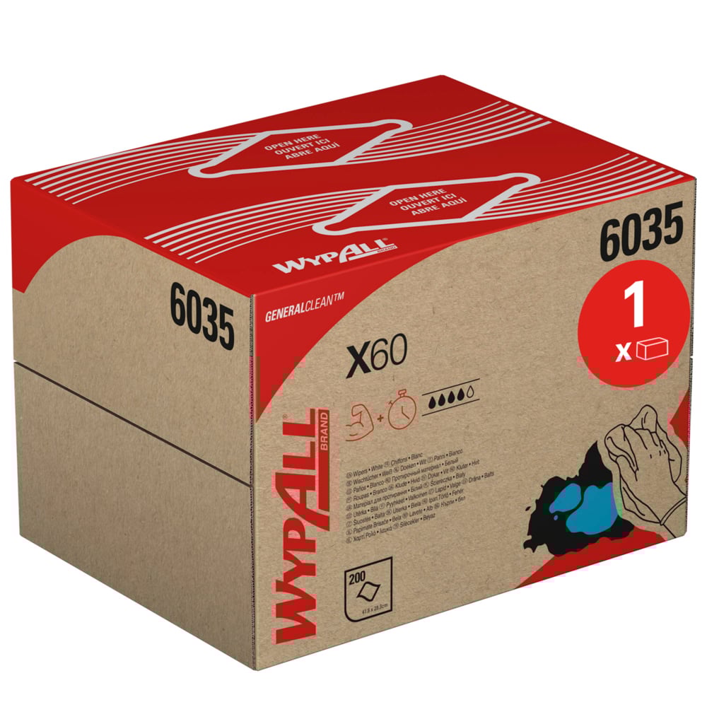 Die WypAll® X60 General Clean BRAG™ Box (41,80 x 28,30 cm) von Kimberly-Clark GmbH enthält 200 Wischtücher und ist mit den Händen, die ein Tuch benutzen, den Symbolen für die Vorteile der Reinigungslösung und dem Produktcode 6035 in brauner und roter Verpackung versehen.