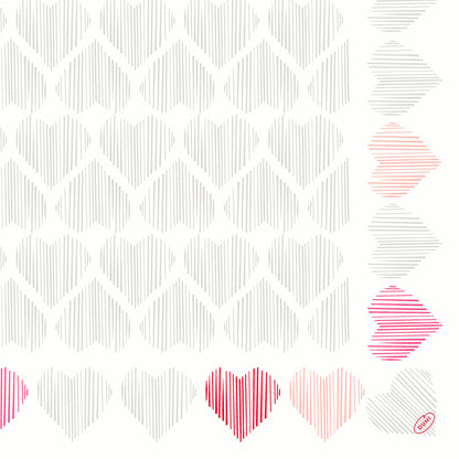 Ein Muster aus umrandeten Herzen in Grau füllt das Bild, mit roten und rosa Herzen am rechten und unteren Rand. Ideal für Dunisoft-Servietten 40 x 40 cm 1/4 Falz von Duni GmbH. Ein kleiner roter "GIANT."-Stempel befindet sich unten rechts.