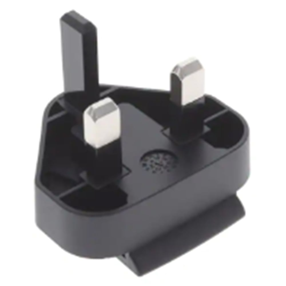 Ein Kimberly-Clark Professional™ Icon™ Power Adapter - AC/DC in Schwarz von Kimberly-Clark GmbH ist auf weißem Hintergrund abgebildet und verfügt über zwei horizontale und einen vertikalen UK-Stift.