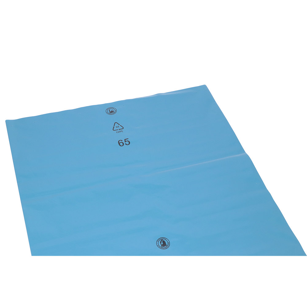 Folia din plastic albastră DEISS 20260 (900x1200x0,08 mm) de la EMIL DEISS KG (GmbH + Co.) este o folie plată, dreptunghiulară, cu simboluri de reciclare și "65" în negru, ideală pentru protecția suprafețelor în industria alimentară. Livrată în cutii de 100 de bucăți.