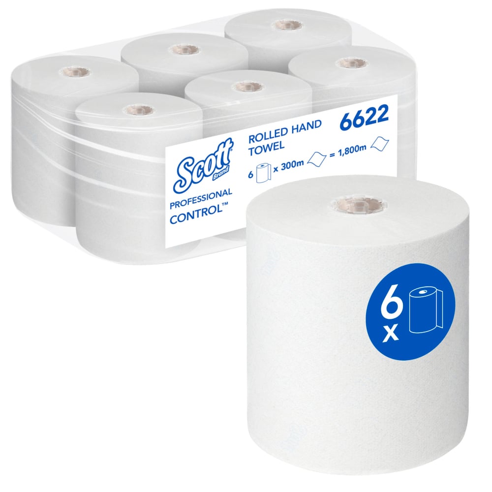 Ein Paket mit sechs Scott® Control™ Handtüchern - Rolle / Weiß von Kimberly-Clark GmbH, Weiß, gestapelt in zwei Reihen. Jede Rolle mit 300 m für hygienische Tücher und effektives Händetrocknen.