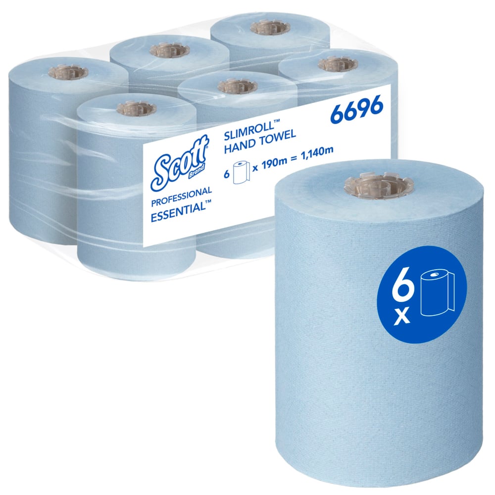 Șase role albastre Scott® Essential™ Slimroll™ prosoape de mână (190 m x 19,8 cm) de la Kimberly-Clark GmbH, o rolă în față, ambalaj în spate cu "6 x 190 m = 1.140 m", cod produs 6696 - uscare ecologică a mâinilor.
