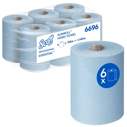 Șase role albastre Scott® Essential™ Slimroll™ prosoape de mână (190 m x 19,8 cm) de la Kimberly-Clark GmbH, o rolă în față, ambalaj în spate cu "6 x 190 m = 1.140 m", cod produs 6696 - uscare ecologică a mâinilor.