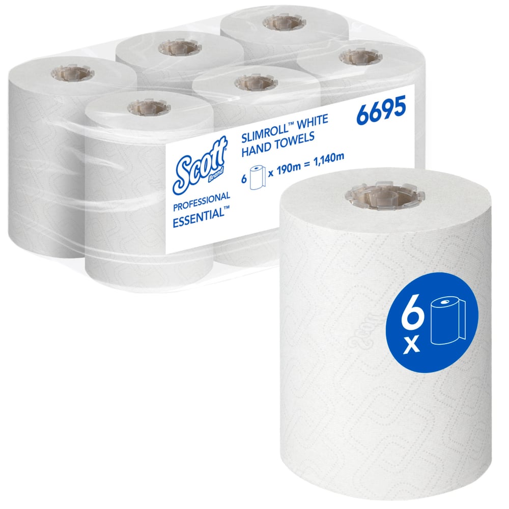 Un pachet cu șase prosoape Scott® Essential™ Slimroll™ (190 m x 19,8 cm) de la Kimberly-Clark GmbH, aranjate în două rânduri de câte trei cu etichetare de produs și un simbol albastru "6x" pentru role, perfect pentru uscare ecologică a mâinilor cu prosoape de hârtie de calitate.