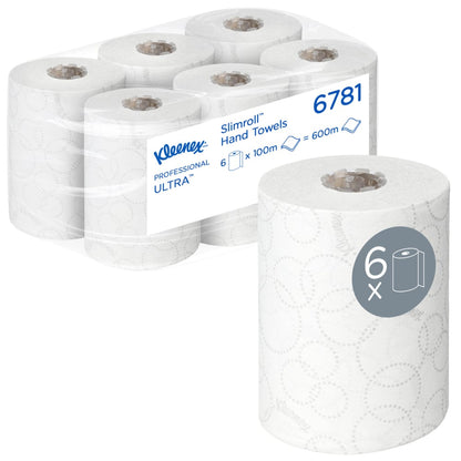 Un carton cu 6 prosoape de mână Kleenex® Ultra™ Slimroll™ de la Kimberly-Clark GmbH, fiecare rolă albă de 100m, ideal pentru sisteme de distribuire înguste. O rolă este ilustrată separat cu un "6x" și simbolul rolei pe etichetă.