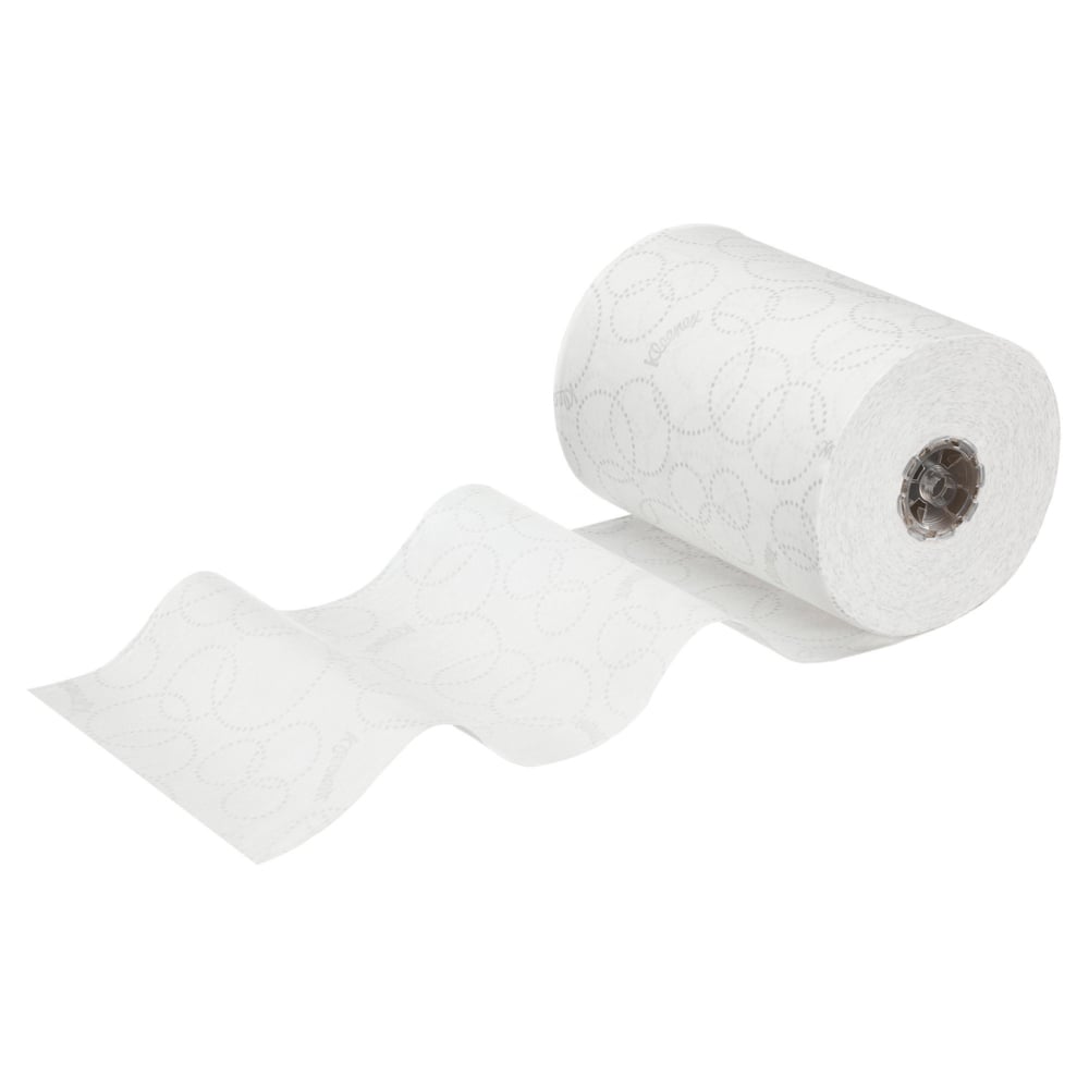 O rolă albă de prosoape de mână Kleenex® Ultra™ Slimroll™ de la Kimberly-Clark GmbH, parțial derulată cu vortexuri embosate, ideală pentru sisteme de distribuire înguste sau pentru utilizare alături de alte produse Ultra™ Slimroll™. Ambalaj: 6 role per carton.