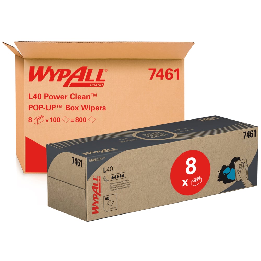 Ein Karton mit der Aufschrift "WypAll® L40 PowerClean - Zupfbox / Weiß" der Kimberly-Clark GmbH ist mit einer Packung mit der Aufschrift "8x" abgebildet, die 8 Kartons mit industriellen Reinigungstüchern mit jeweils 100 Blatt - insgesamt 800 Tücher - enthält.