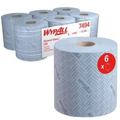 Șase role de șervețele de hârtie WypAll® L10 pentru alimente și igienă Centrefeed de la Kimberly-Clark GmbH (6 x 630 de foi), cu o prim-plan al unei role albastre și ambalaj. Ideal pentru utilizarea igienică în domeniul alimentar.