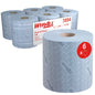 Șase role de șervețele de hârtie WypAll® L10 pentru alimente și igienă Centrefeed de la Kimberly-Clark GmbH (6 x 630 de foi), cu o prim-plan al unei role albastre și ambalaj. Ideal pentru utilizarea igienică în domeniul alimentar.
