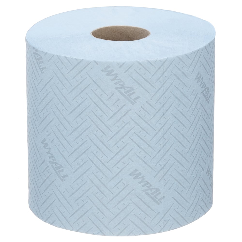 Șervețelul de hârtie WypAll® L20 de la Kimberly-Clark GmbH este un șervețel albastru deschis pentru sarcini de curățare industrială, în sistemul practic de extragere centrală (38,00 cm x 18,30 cm) cu vizibilitate asupra nucleului maro.