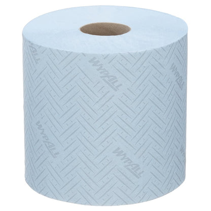 Șervețelul de hârtie WypAll® L20 de la Kimberly-Clark GmbH este un șervețel albastru deschis pentru sarcini de curățare industrială, în sistemul practic de extragere centrală (38,00 cm x 18,30 cm) cu vizibilitate asupra nucleului maro.