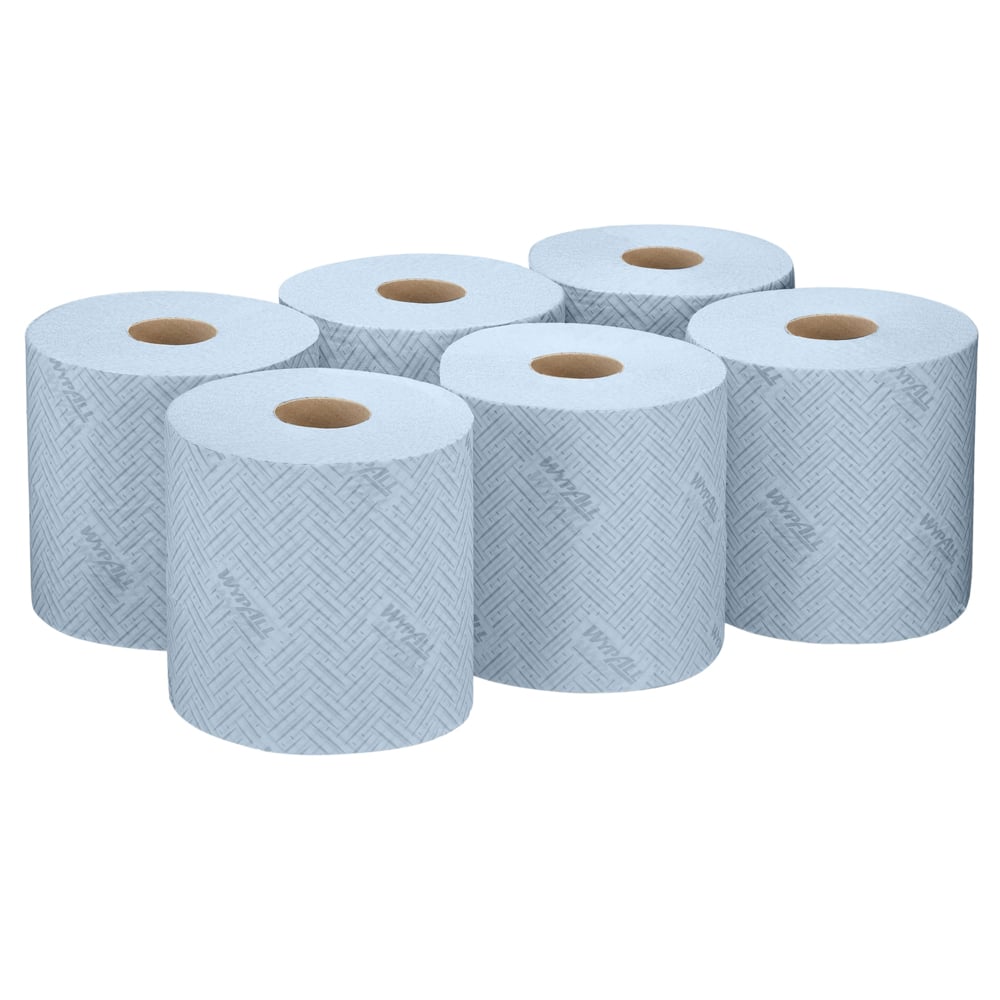 Șase șervețele de hârtie WypAll® L20 pentru sarcini de curățare industrială - extragere centrală (38,00 cm x 18,30 cm) de la Kimberly-Clark GmbH sunt aranjate în două rânduri de câte trei, cu partea centrală de carton maro vizibilă, pe un fundal alb simplu.