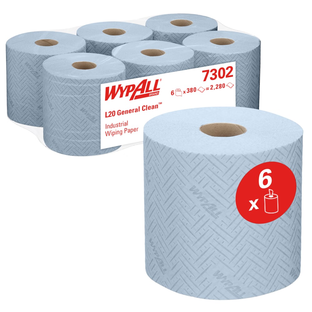 Sunt prezentate șase role albastre de șervețele de hârtie WypAll® L20 pentru sarcini de curățare industrială de la Kimberly-Clark GmbH, una în față și cinci ambalate în spate pentru extragerea centrală. O etichetă roșie indică faptul că pachetul conține 6 role (38,00 x 18,30 cm).