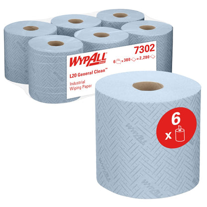 Sunt prezentate șase role albastre de șervețele de hârtie WypAll® L20 pentru sarcini de curățare industrială de la Kimberly-Clark GmbH, una în față și cinci ambalate în spate pentru extragerea centrală. O etichetă roșie indică faptul că pachetul conține 6 role (38,00 x 18,30 cm).