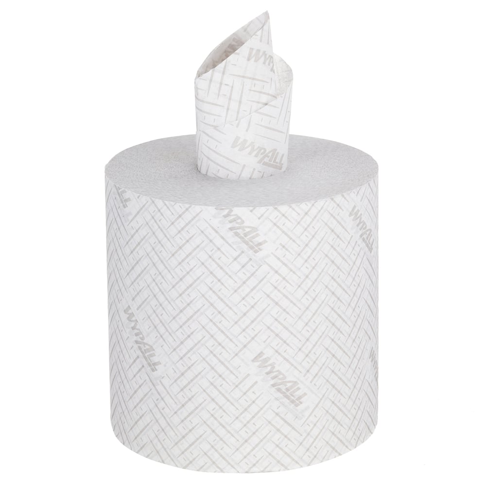 O rolă mare de șervețel de hârtie WypAll® L20 de la Kimberly-Clark GmbH (38,00 x 18,30 cm), cu suprafață texturată și extragere centrală, ideală pentru sarcini de curățare industrială.