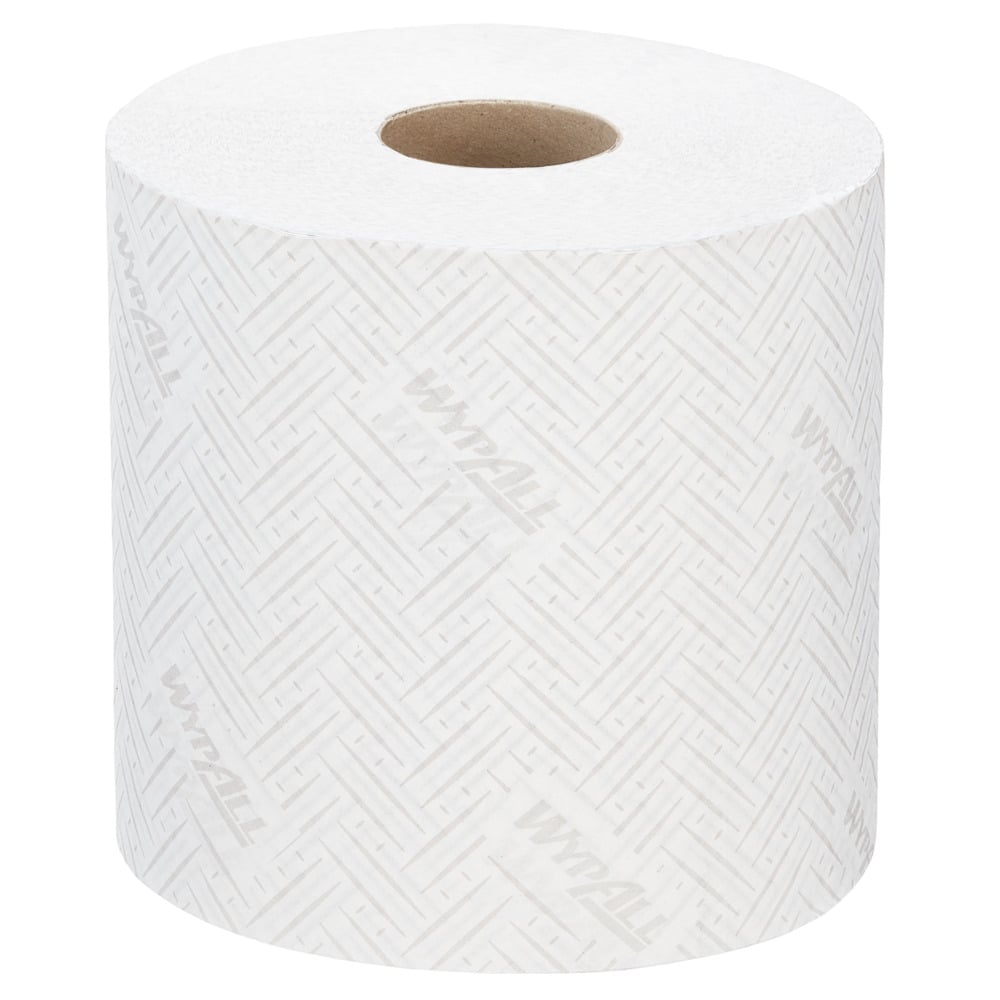 O singură rolă de șervețel de hârtie WypAll® L20 de la Kimberly-Clark GmbH (38,00 cm x 18,30 cm) pentru sarcini de curățare industrială, cu un model subtil și inscripția "WYPALL", este prezentată nefolosită pe un fundal alb.