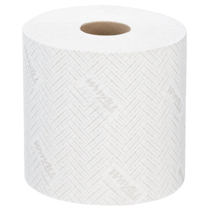 O singură rolă de șervețel de hârtie WypAll® L20 de la Kimberly-Clark GmbH (38,00 cm x 18,30 cm) pentru sarcini de curățare industrială, cu un model subtil și inscripția "WYPALL", este prezentată nefolosită pe un fundal alb.