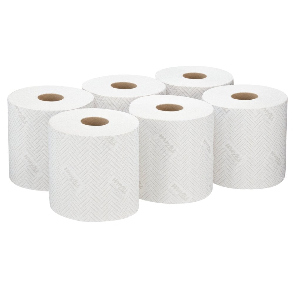 Șase role albe de șervețele de hârtie WypAll® L20 de la Kimberly-Clark GmbH (38×18,3 cm) sunt aranjate în două rânduri - perfecte pentru extragere centrală și potrivite pentru sarcini de curățare industrială.