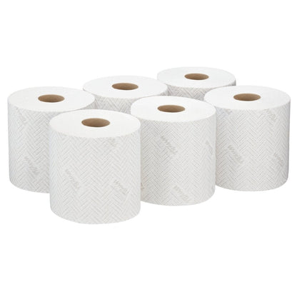 Șase role albe de șervețele de hârtie WypAll® L20 de la Kimberly-Clark GmbH (38×18,3 cm) sunt aranjate în două rânduri - perfecte pentru extragere centrală și potrivite pentru sarcini de curățare industrială.