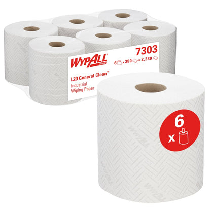 Sunt prezentate șase role albe de șervețele de hârtie WypAll® L20 pentru sarcini de curățare industrială (38 x 18,3 cm, extragere centrală) de la Kimberly-Clark GmbH cu o etichetă roșie cu inscripția "6 x" și numărul de articol 7303 pentru identificare ușoară.