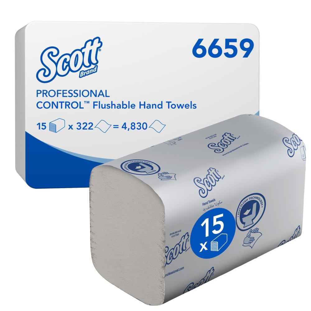 Abgebildet ist eine Schachtel Scott® Control™ Herunterspülbare Falthandtücher von Kimberly-Clark GmbH mit einem verpackten Stapel vorne. Die Packung enthält 15 Klammern x 322 Blatt (4.830 insgesamt) - ideal für hygienische Handtrocknung.
