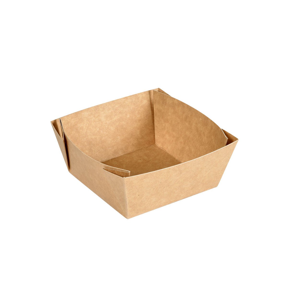 Cubul Viking Low 510 ml din carton maro/coajă PLA de la Duni GmbH (113x113x50 mm, pachet de 300) este o soluție de ambalare ecologică cu laturi ușor ridicate, ideală pentru o distribuție sustenabilă a alimentelor.