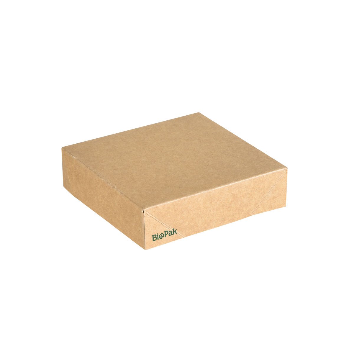 Un capac simplu, pătrat, maro pentru cutie Viking Cube din carton/PLA 113x113x29 de la Duni GmbH, imprimat cu "BioPak" în verde - ideal ca ambalaj ecologic. Pachetul conține 300 de bucăți.