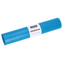 Abgebildet ist ein aufgerollter blauer DEISS 20290 Müllsack (700x1100 mm, 25 Stück) der EMIL DEISS KG (GmbH + Co.) mit weißem "Abfallsäcke"-Etikett auf einfarbig weißem Hintergrund.