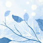 Ilustrație cu nuanțe de albastru cu frunze siluetate și "DUNI" în colț, perfectă pentru șervețele 24x24 3 straturi 1/4 Frosted Winter (50 bucăți) de la Duni GmbH, amintește de un design de iarnă înghețat.