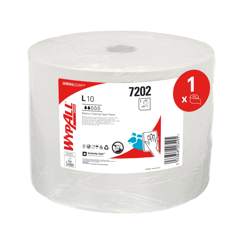 O rolă mare albă de șervețele de hârtie WypAll® L10 pentru suprafețe (38,00 cm x 23,50 cm) de la Kimberly-Clark GmbH, într-un ambalaj din plastic cu o etichetă roșu-alb cu numărul de produs 7202 și imaginea unui șervețel de mână.