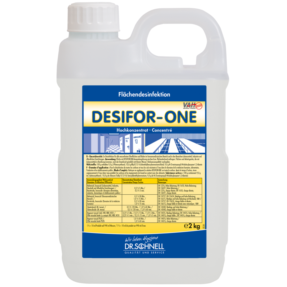 Un recipient din plastic de 2 kg de la Dr. Schnell Desifor-One Dezinfecție suprafețe, limitat virucid PLUS de la DR.SCHNELL GmbH & Co. KGaA, cu capac și mâner alb. Eticheta de pe partea frontală conține informații, instrucțiuni și indicații de dozare în limba germană.