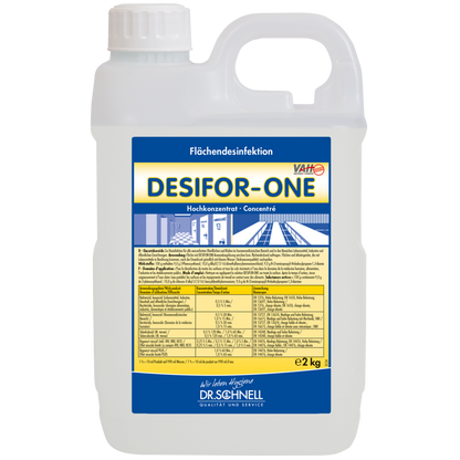 Un recipient din plastic de 2 kg de la Dr. Schnell Desifor-One Dezinfecție suprafețe, limitat virucid PLUS de la DR.SCHNELL GmbH & Co. KGaA, cu capac și mâner alb. Eticheta de pe partea frontală conține informații, instrucțiuni și indicații de dozare în limba germană.