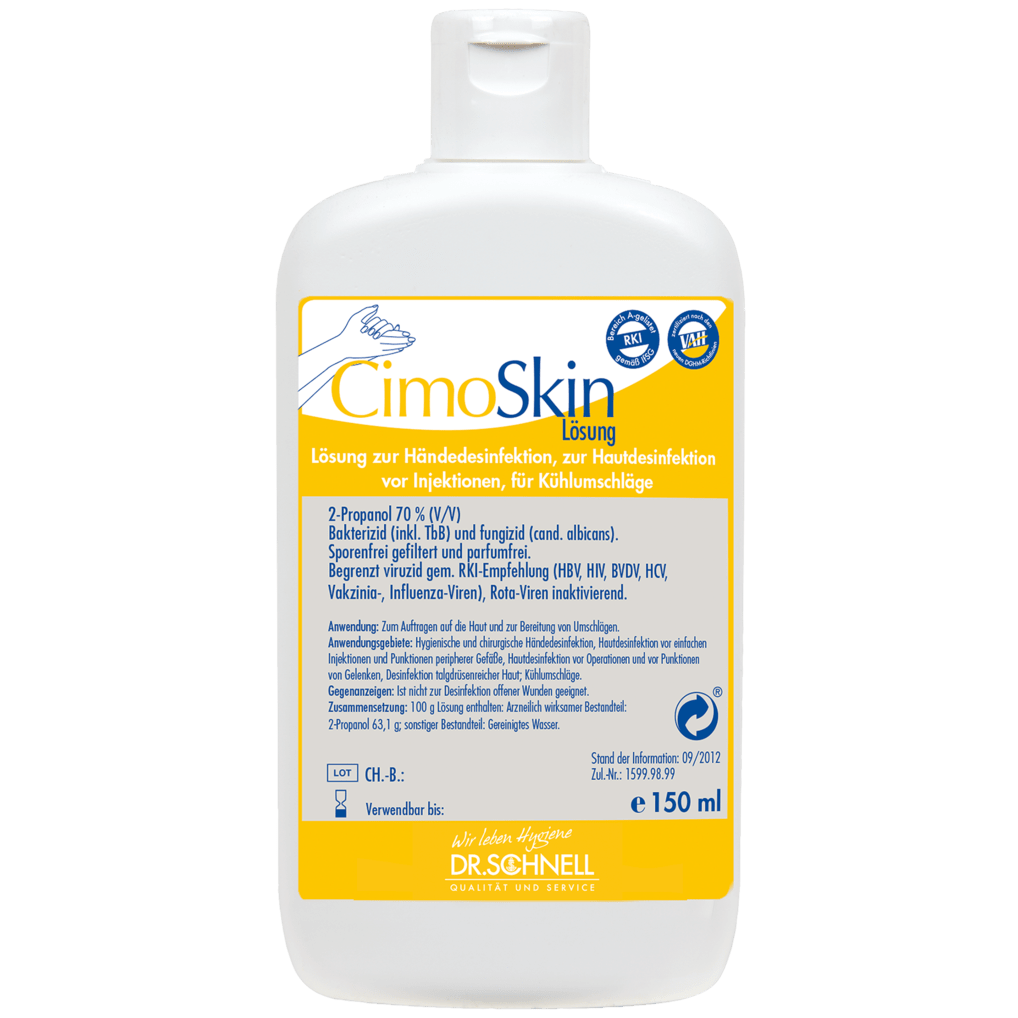 Eine 150 ml Flasche Dr. Schnell CIMOSKIN Händedesinfektion der DR.SCHNELL GmbH & Co. KGaA, mit gelb-weißem Etikett mit Anweisungen zur hygienischen Desinfektion und blau-weißem Flip-Top-Verschluss.