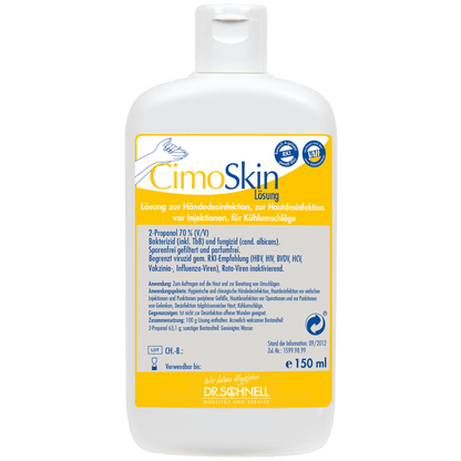 Eine 150 ml Flasche Dr. Schnell CIMOSKIN Händedesinfektion der DR.SCHNELL GmbH & Co. KGaA, mit gelb-weißem Etikett mit Anweisungen zur hygienischen Desinfektion und blau-weißem Flip-Top-Verschluss.