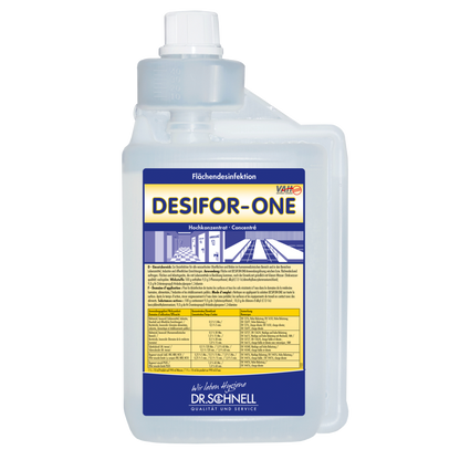 Sticlă transparentă de 5L cu inscripția "Dr. Schnell Desifor-One Dezinfecție suprafețe, limitat virucid PLUS" de la DR.SCHNELL GmbH & Co. KGaA, cu accente albastre/galbene, instrucțiuni de utilizare în germană, cameră de măsurare încorporată și capac alb.