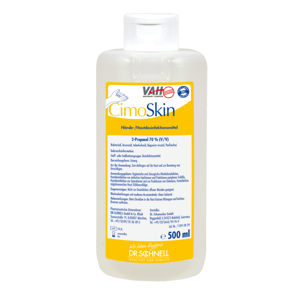 Eine 500-ml-Kunststoffflasche der Dr. Schnell CIMOSKIN Händedesinfektion der DR.SCHNELL GmbH & Co. KGaA, mit weißem Verschluss und einem gelb-weiß-blauen deutschen Etikett, das die hautfreundlichen, hygienischen Desinfektionseigenschaften hervorhebt.