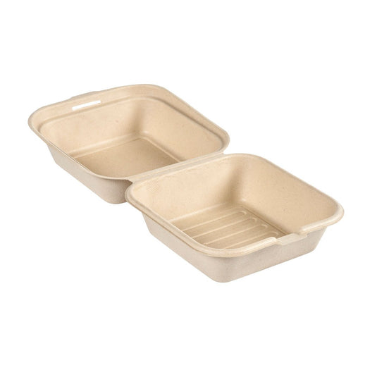 Clamshell 475 ml – fără strat de acoperire, maro, din bagasă, 155x155x80, de la Duni GmbH (pachet de 50 de bucăți) este un recipient biodegradabil pentru mâncare la pachet, din fibră modelată, de culoare maronie – un ambalaj ecologic pentru mesele dumneavoastră.